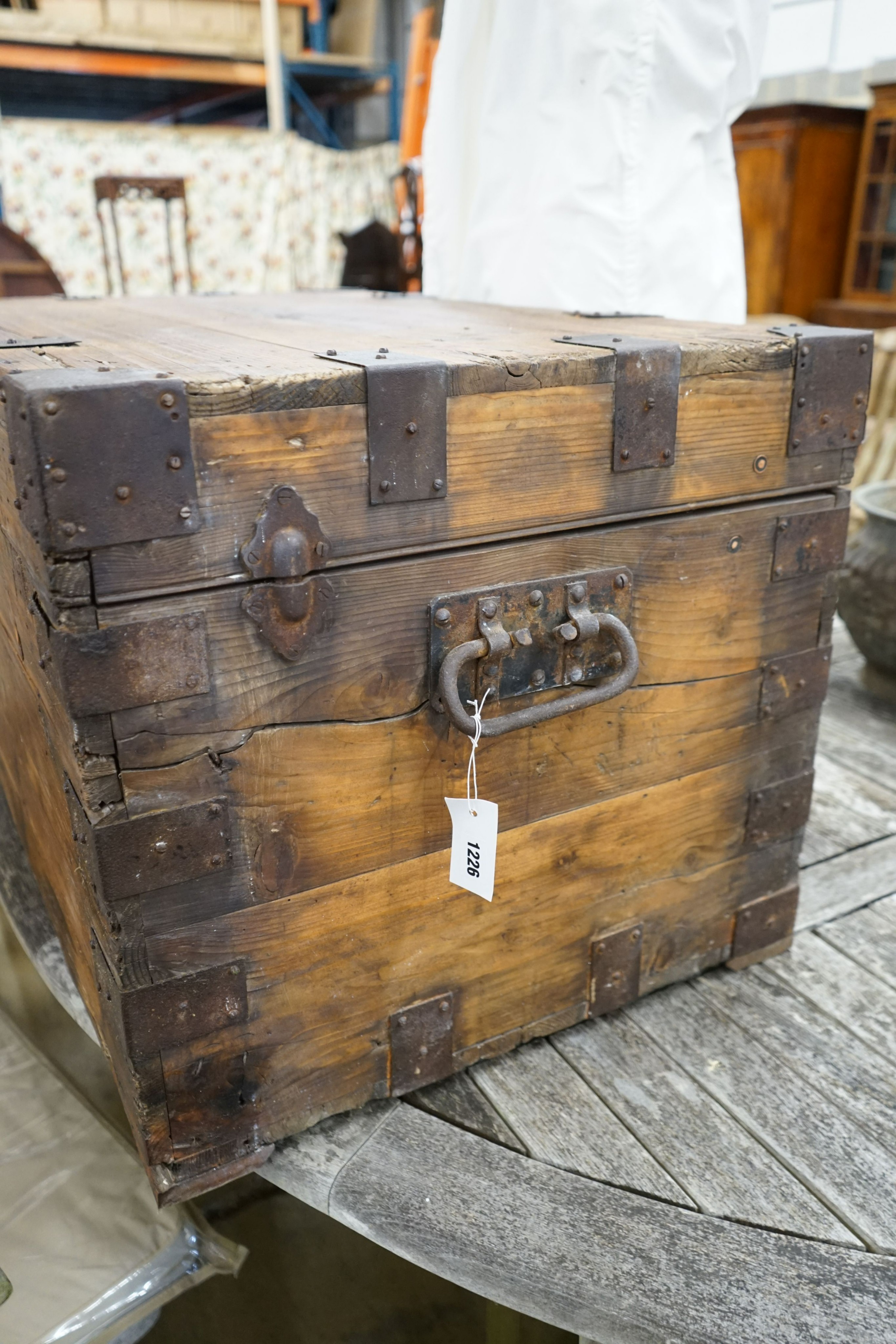 A Victorian iron bound pine trunk, length 92cm, depth 57cm, height 53cm